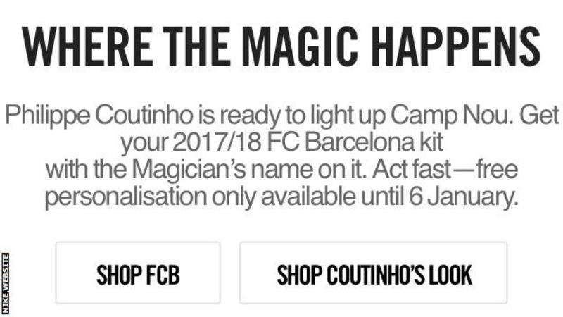 Philippe Coutinho: Nike advertises Liverpool player's name on Barcelona shirts